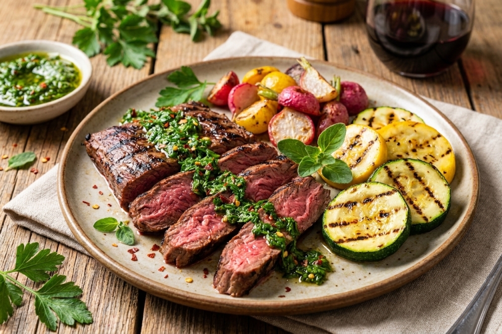 Bavette met zomerse chimichurri, gegrilde courgette en radijs