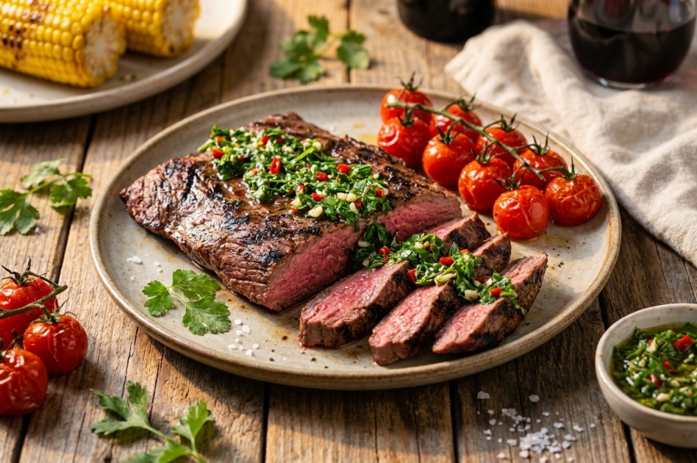 Bavette van de grill met zomerse chimichurri