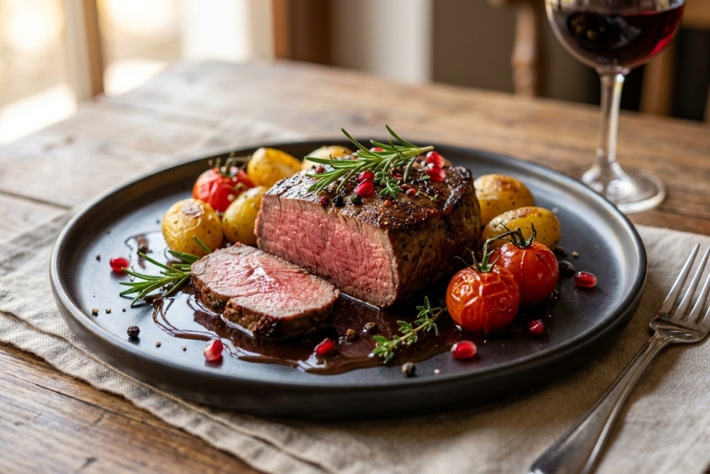 Chateaubriand uit de oven met zomerse rodewijnjus, krieltjes en tomaatjes