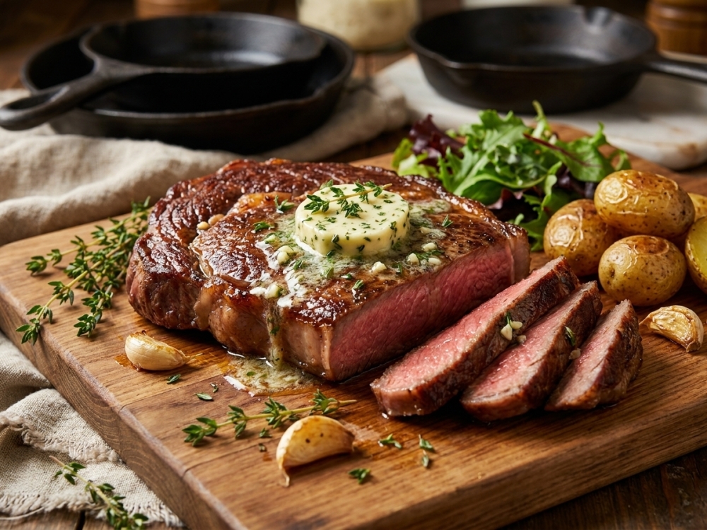 Chuck-eye steak uit de pan met tijm en knoflookboter