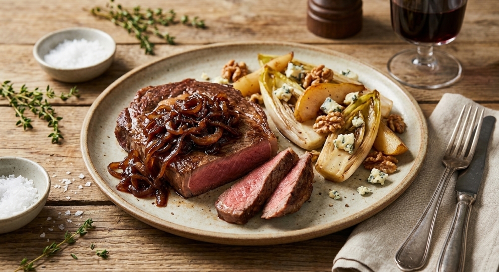 Entrec&ocirc;te met gekaramelliseerde uien en herfstige witlofsla