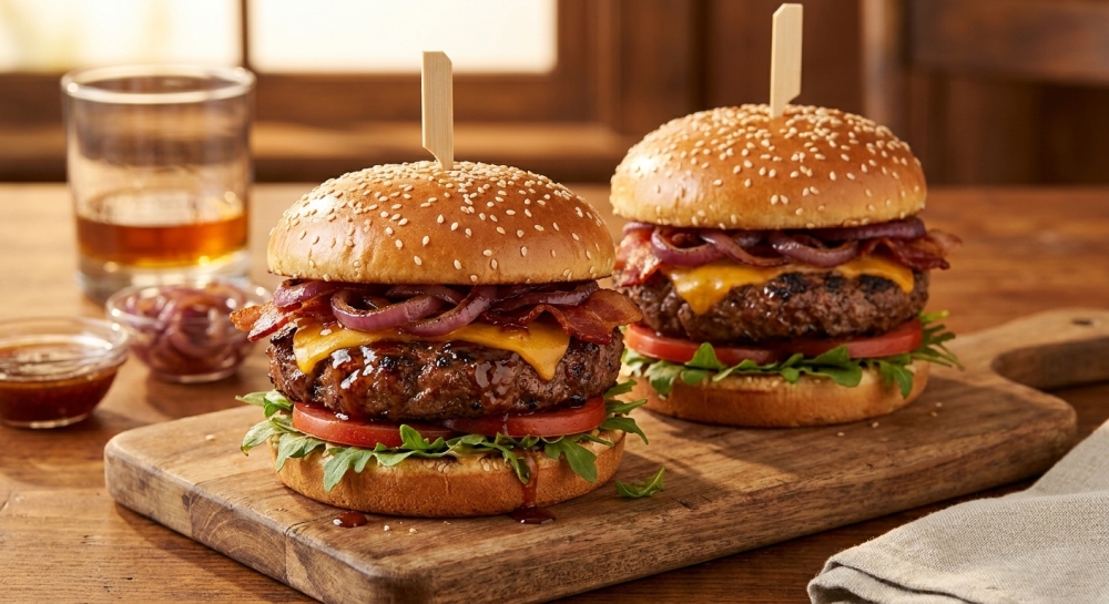 Flame burgers XL met pittige whiskeyglaze, spek en gegrilde ui