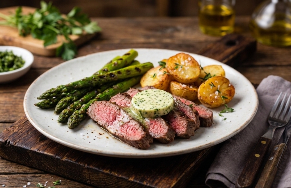 Flat iron steak met kruidenboter, gegrilde asperges en knapperige aardappeltjes