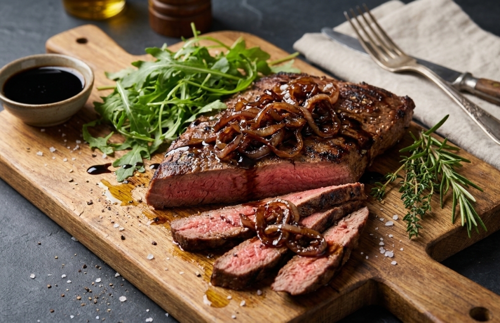 Flat iron steak van de BBQ met balsamico-ui en rucola