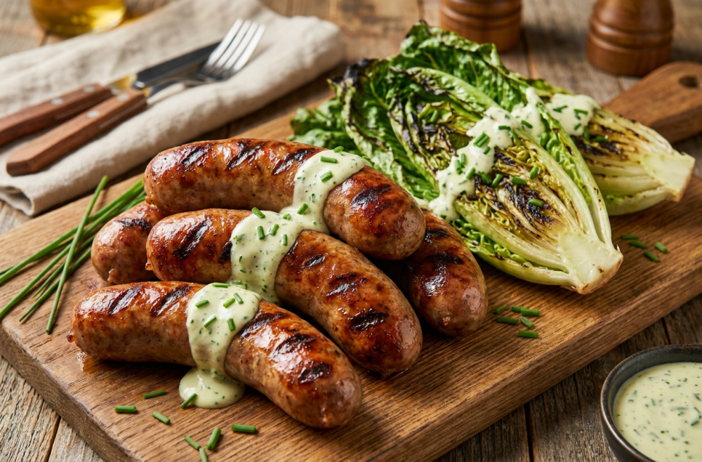 Gegrilde Barbecueworsten met Romige Bieslookdressing en Grillende Sla