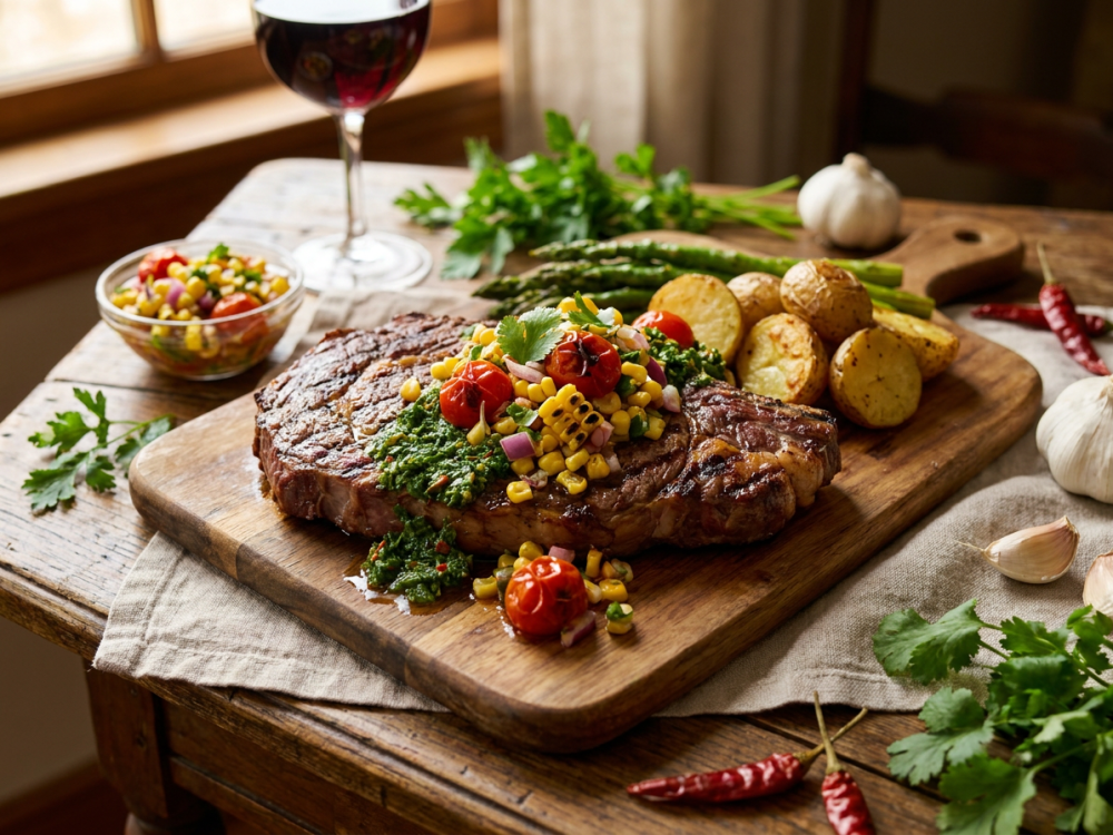 Gegrilde Entrec&ocirc;te met Zomerse Chimichurri en Mais-Tomatensalsa