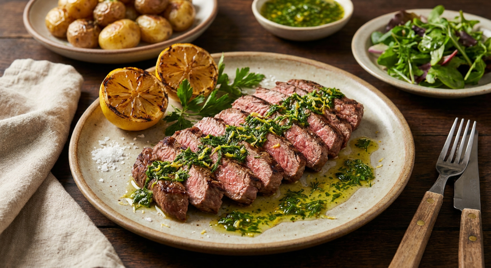 Gegrilde kalfsbavette met frisse citroen-kruidenolie