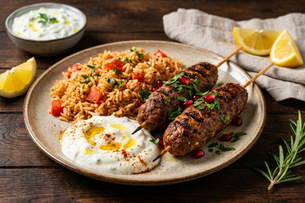 Gegrilde mediterrane koftespies met romige knoflookyoghurt en gekruide tomatenrijst