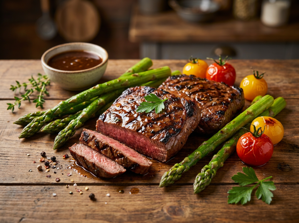 Gegrilde minute steak in porto-marinade met groene asperges en zomertomaatjes