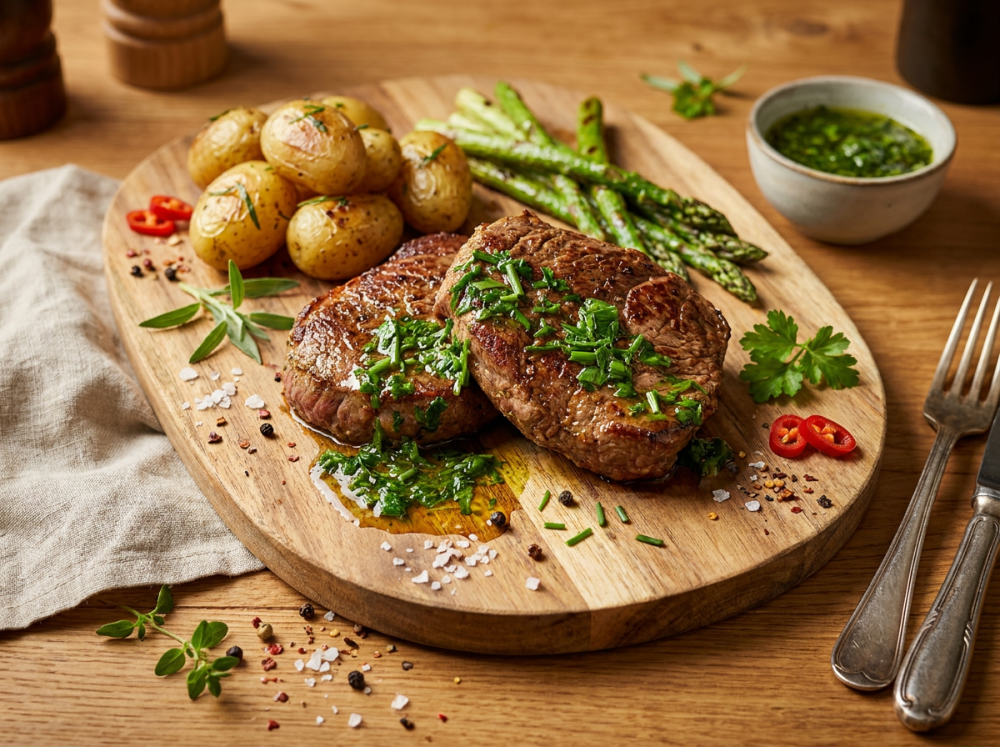Gegrilde minute steak met frisse June-tuinkruidenolie