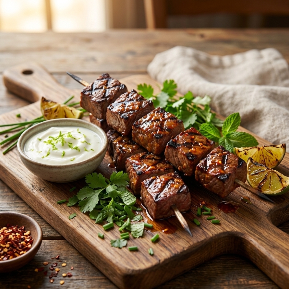 Gegrilde spiesjes met lichtpittige marinade, limoenyoghurt en zomerse kruiden