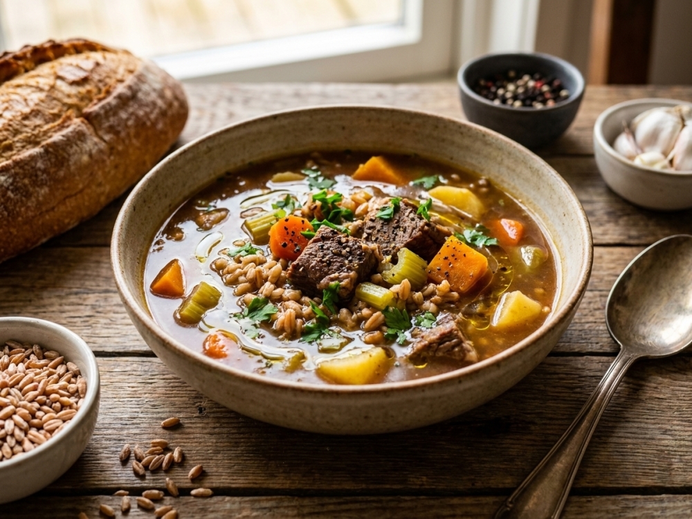 Herfstmaaltijdsoep met soepvlees en farro