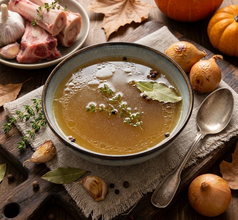 Huisgemaakte runderbottenbouillon voor de herfst