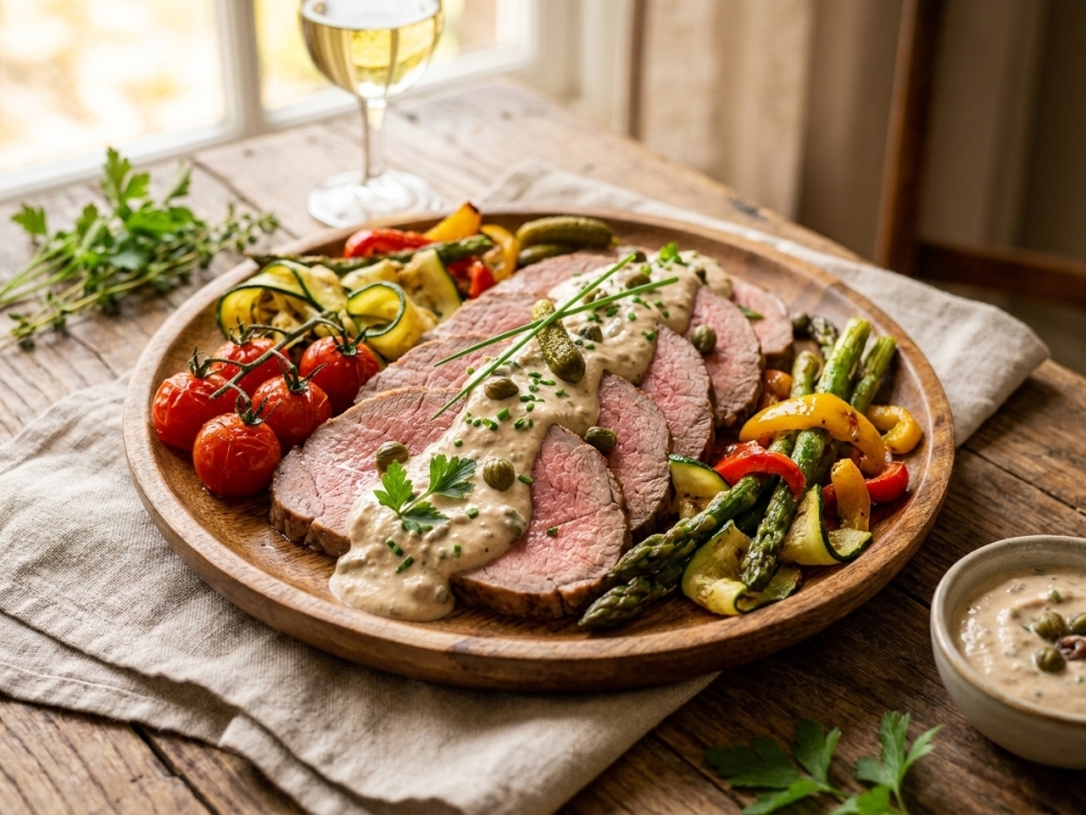 Kalfsfricandeau met tonijnsaus en zomerse groenten