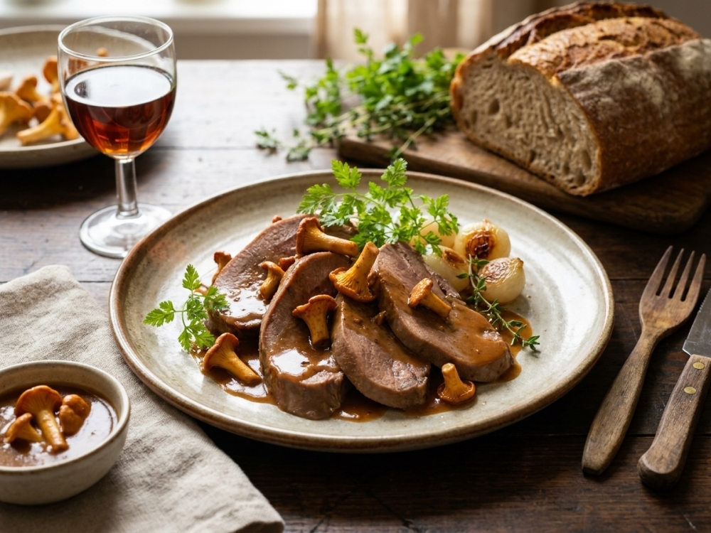 Kalfstong met madeirasaus en cantharellen