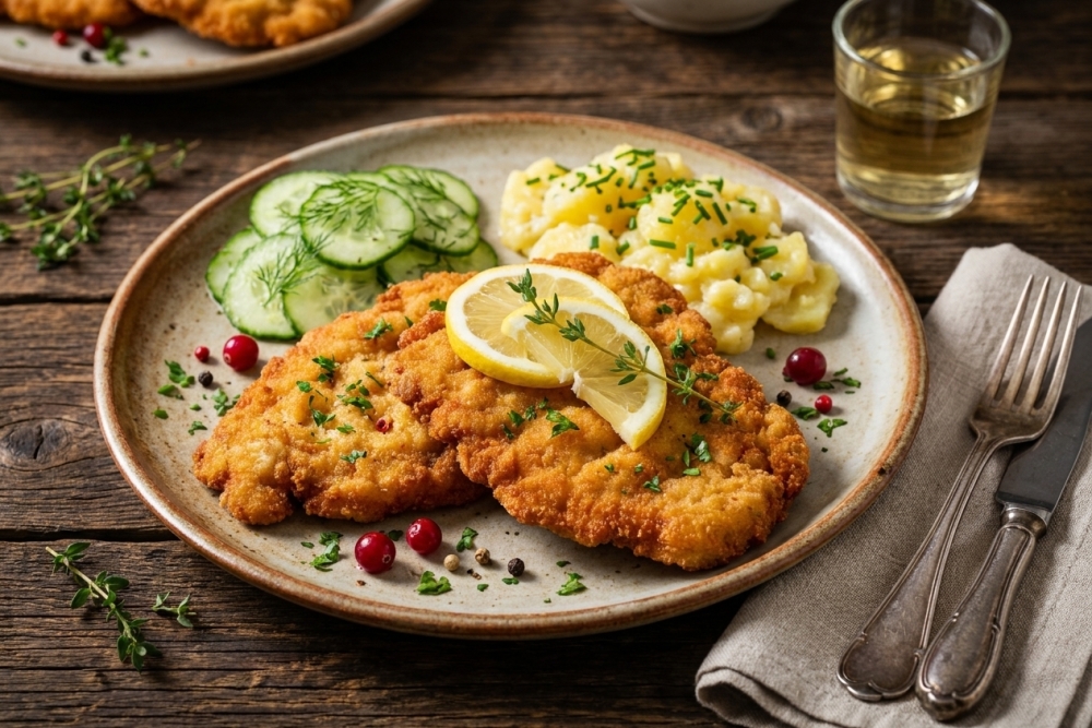 Klassieke Wiener Schnitzel van kalfsvlees met frisse zomergarnering