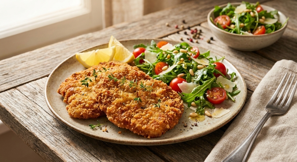 Krokante Kalfsschnitzel met Parmezaankorst en Zomerse Rucolasalade
