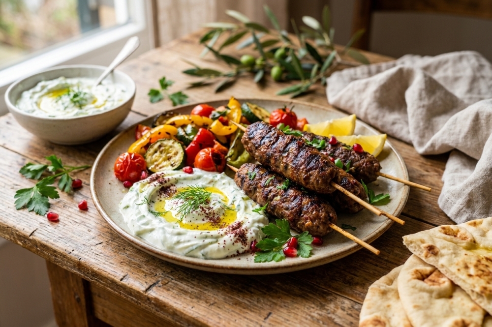 Mediterraanse Koftaspies met Frisse Komkommer-Labne en Zomerse Groenten