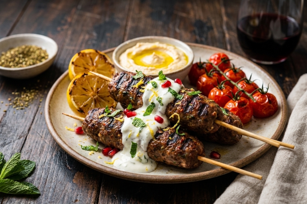 Mediterrane koftespies van rund met munt en citroenyoghurt