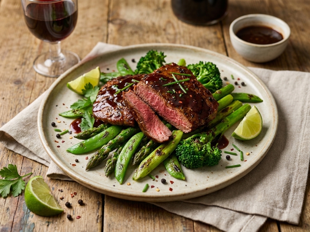 Minute steak met port, limoen en zomerse groene groenten