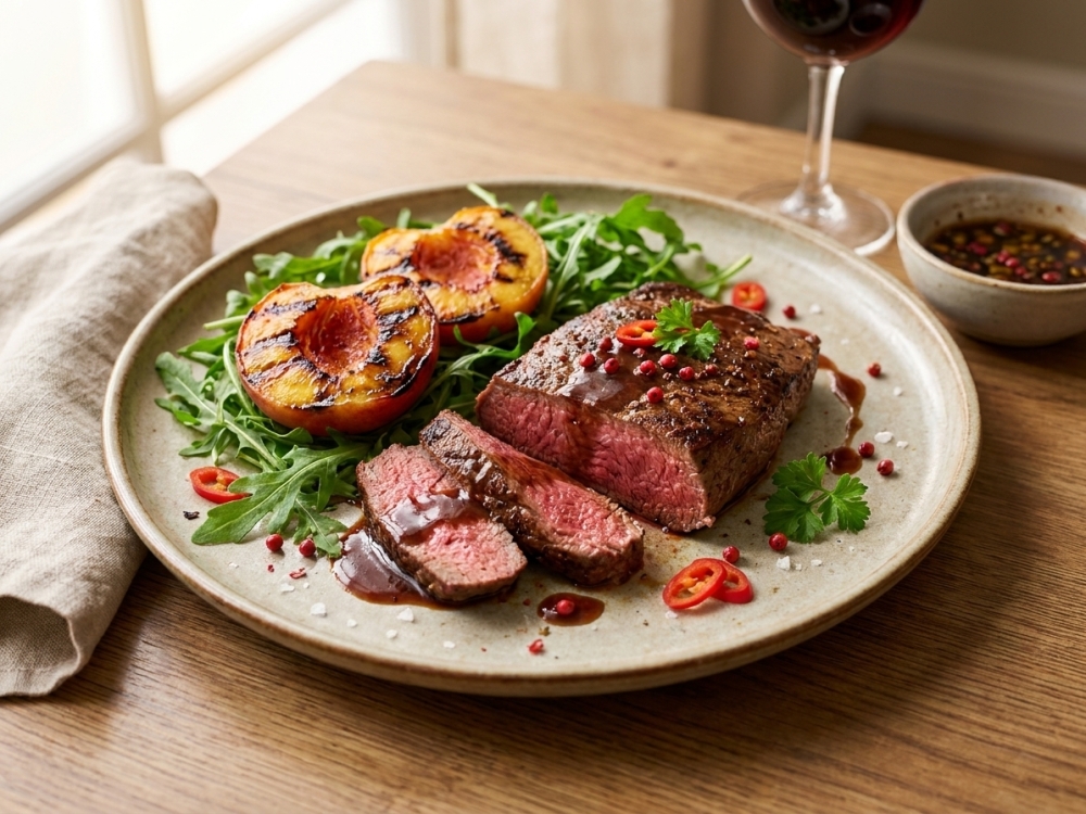 Minute steak met porto-marinade, gegrilde perzik en rucola
