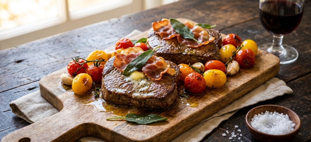 Minute steak met salie, prosciutto en zomerse cherrytomaatjes