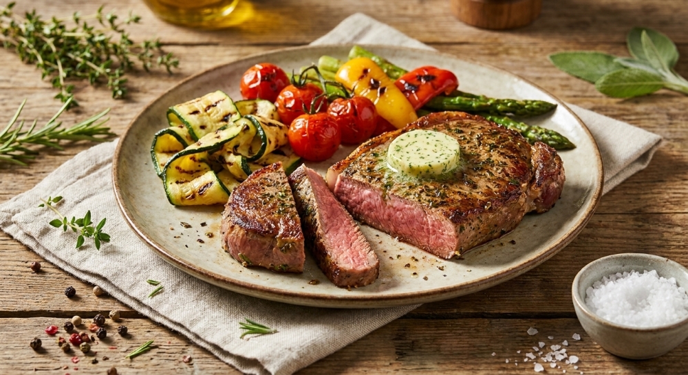 Minute steak met tuinkruiden en gegrilde zomergroenten