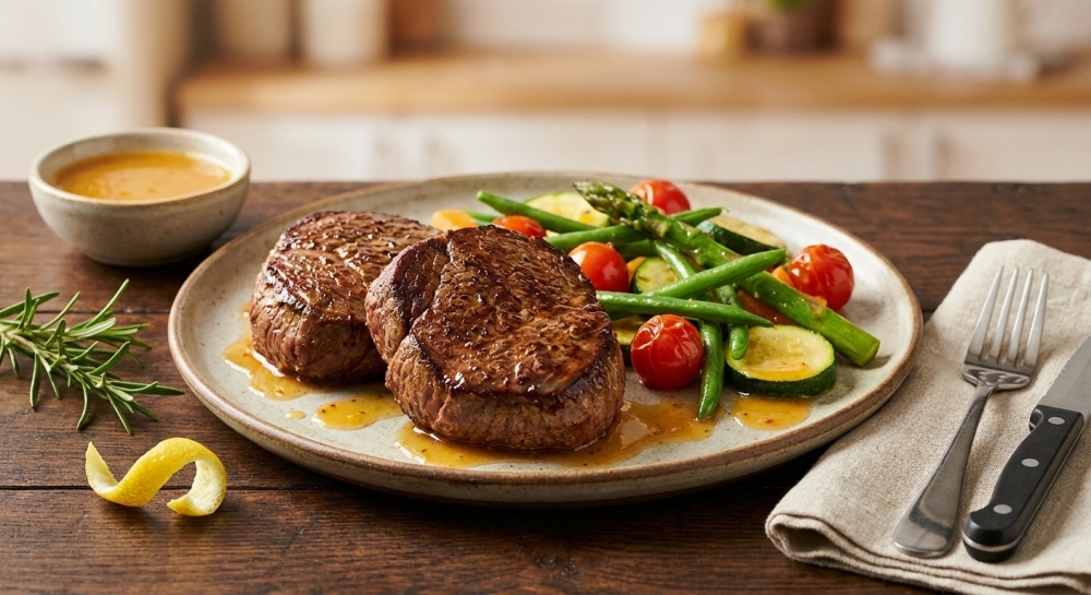 Minute steak naturel met zomerse gestoomde groenten en citrussaus