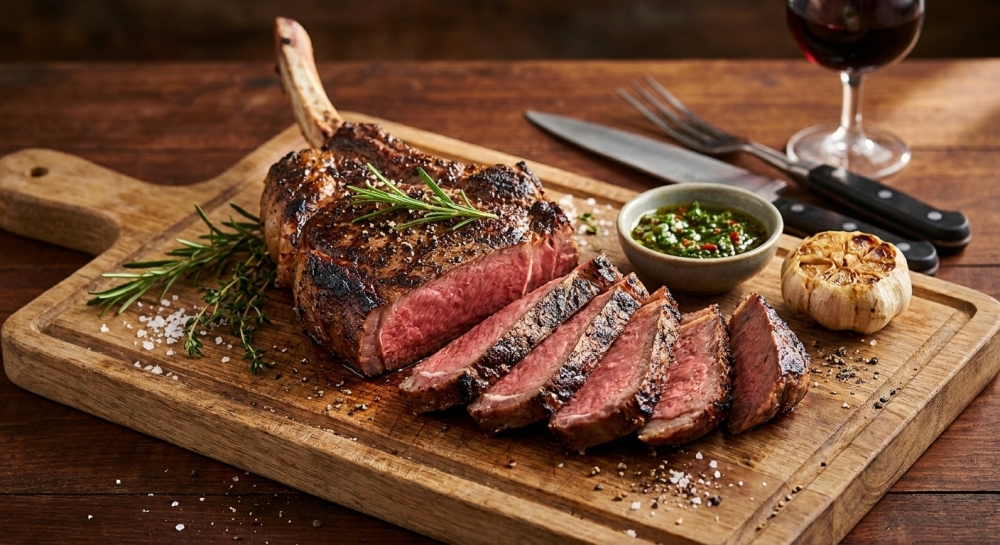 Omgekeerd gegaarde tomahawk steak van de barbecue