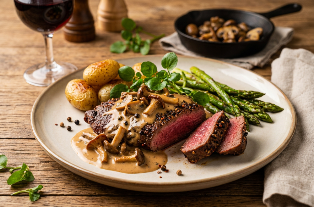 Pepersteak met cognacroomsaus, paddenstoelen en waterkers