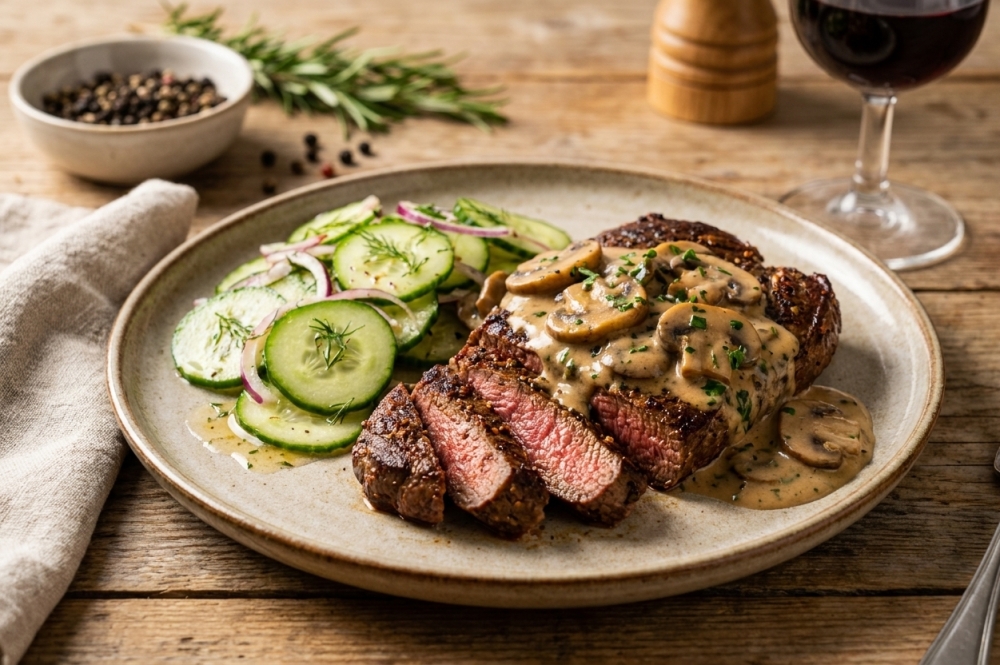 Pepersteak met romige champignons en frisse komkommersalade