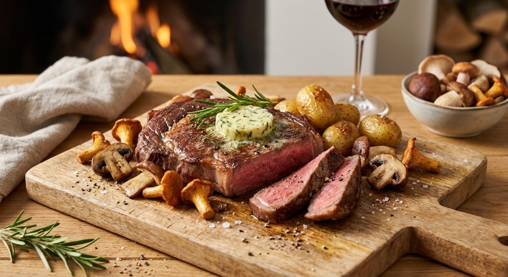 Ribeye met rozemarijnboter en herfstchampignons