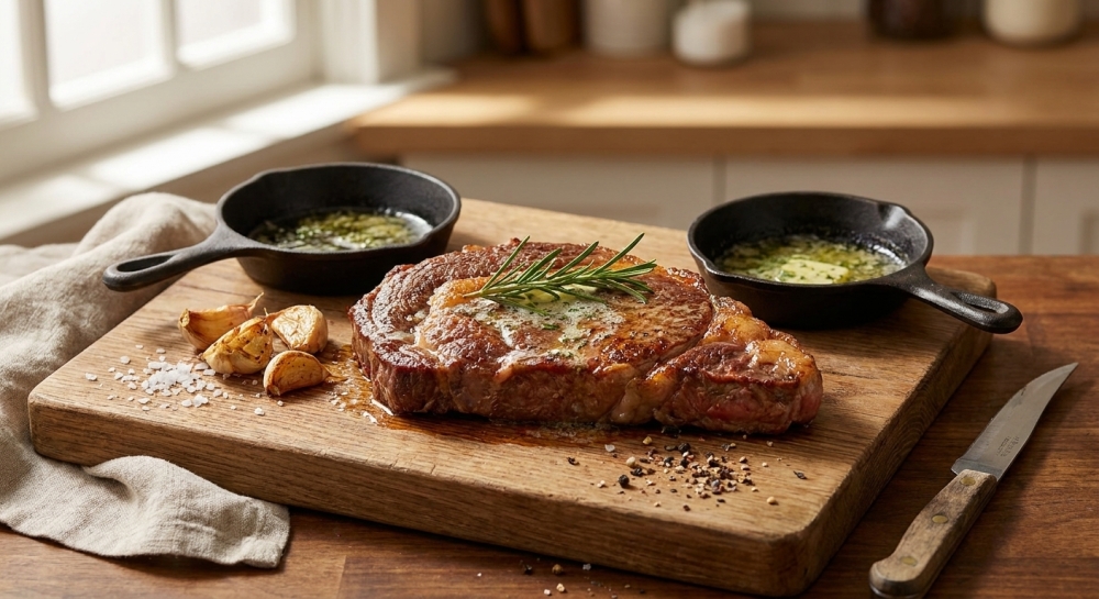 Ribeye steak uit de pan met boter en rozemarijn