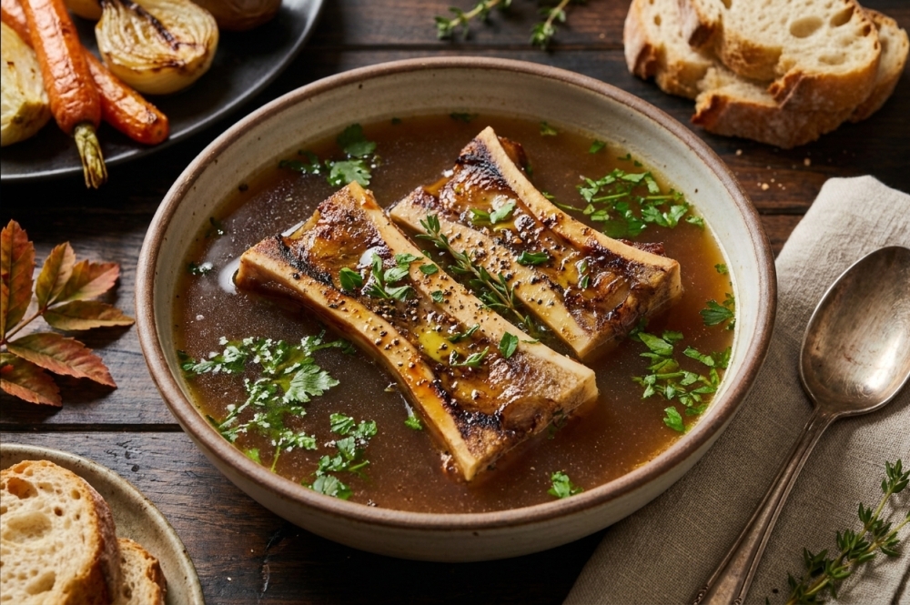 Rijke herfstbouillon van geroosterde rundermergpijpen