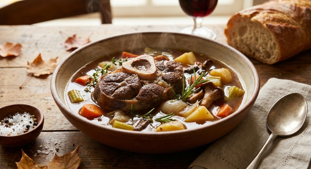 Rijke herfstbouillon van soepvlees met bot