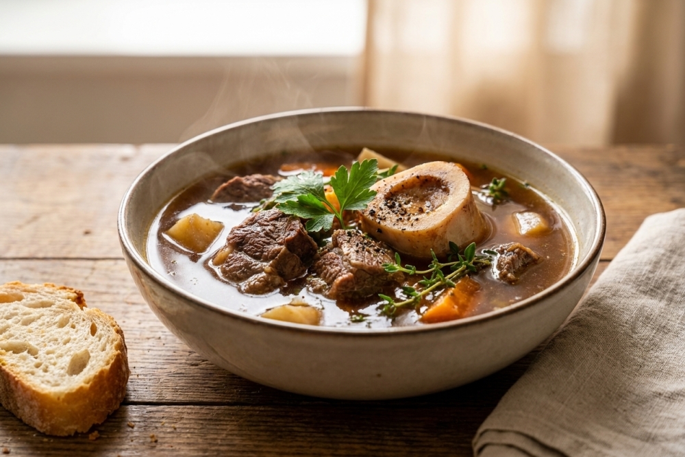 Rijke herfstbouillon van soepvlees met bot