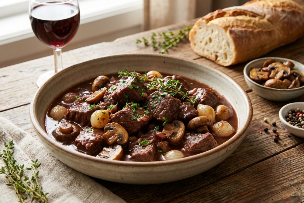 Runderpoulet gestoofd in rode wijn met champignons