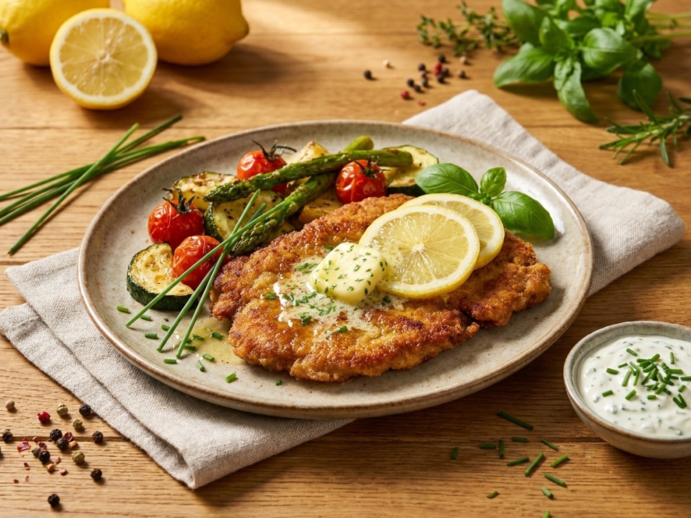 Runderschnitzel met citroenboter, zomerse groente en frisse bieslookdip
