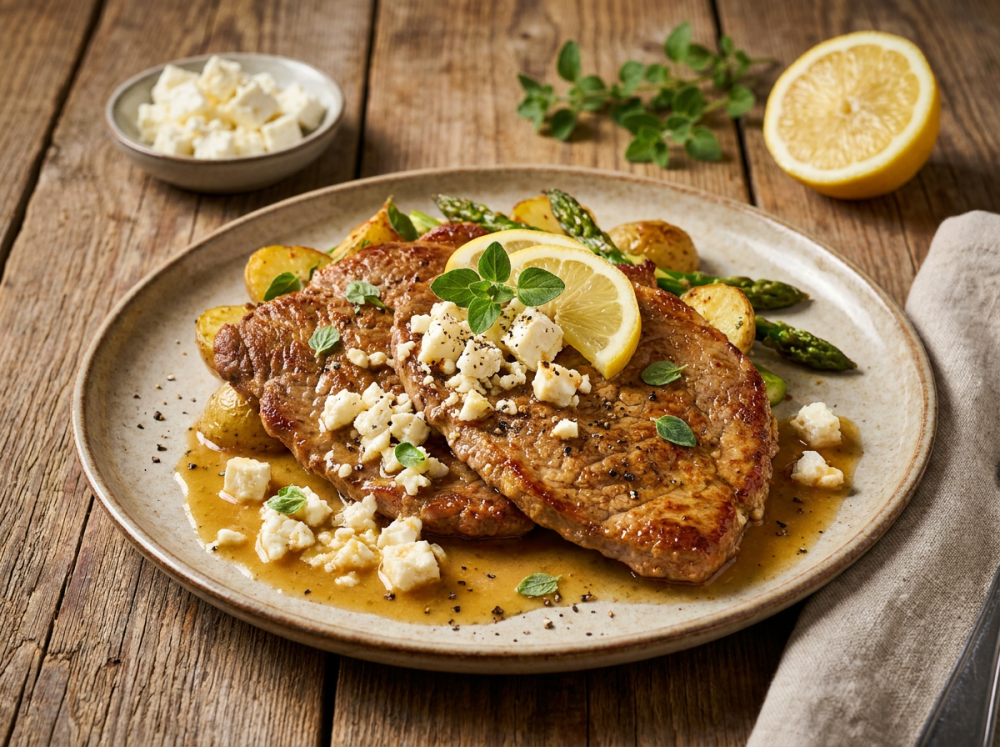 Runderschnitzels met oregano, citroenjus en feta