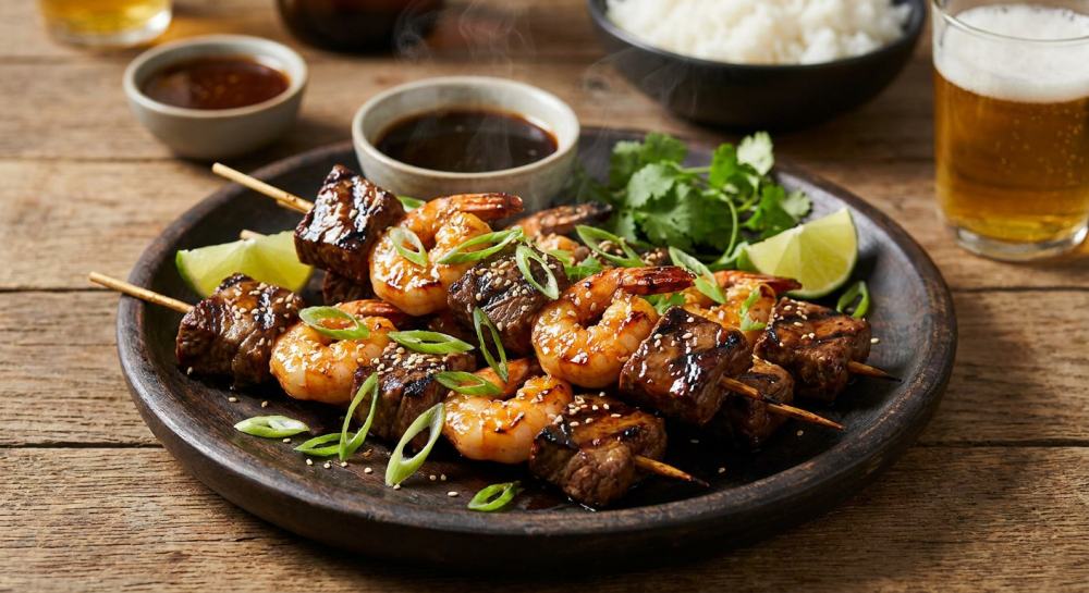 Spiesjes met rundvlees en garnalen in licht pittige Aziatische marinade