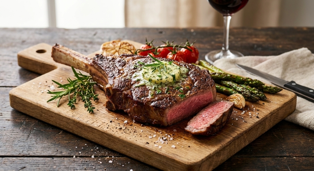 Tomahawk steak uit pan en oven met kruidenboter