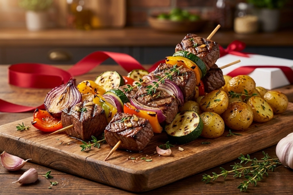Vaderdag steakspiesen met knoflooktijm, krieltjes en gegrilde zomergroenten