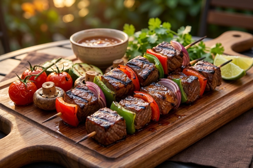 Zomerse Aziatisch-gemarineerde Runderkebabs met Paprika en Ui