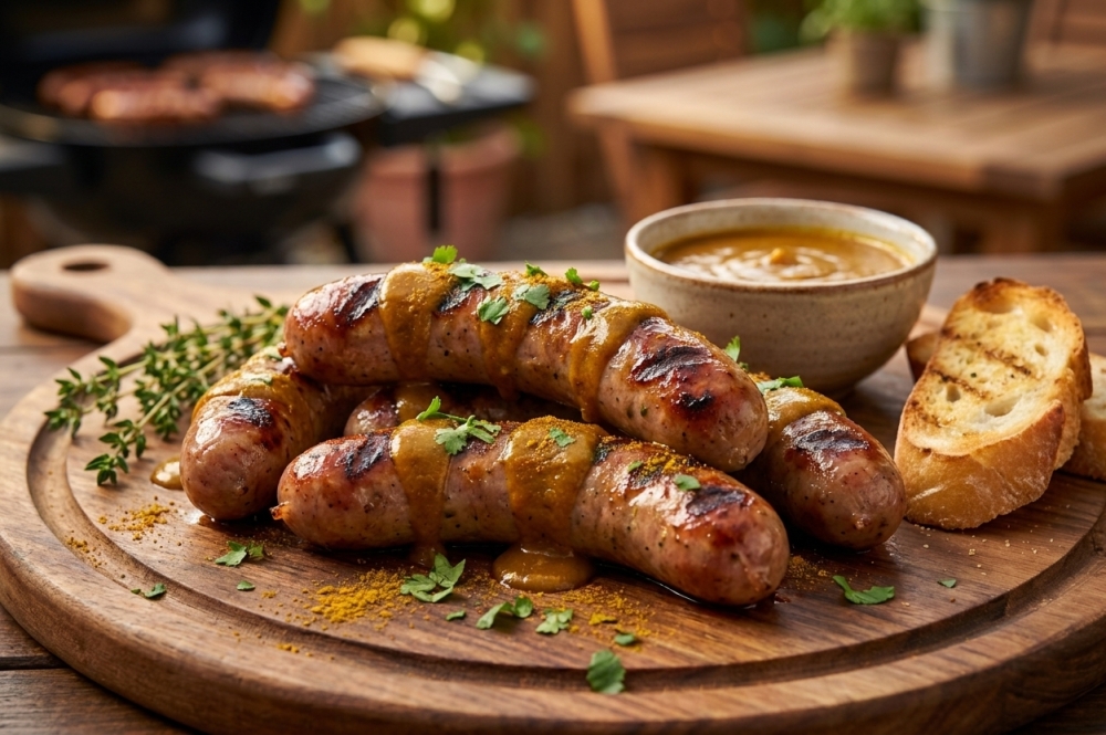 Zomerse barbecueworst met huisgemaakte currysaus