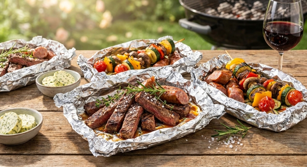 Zomerse BBQ-pakketjes van rundvlees en seizoensgroenten