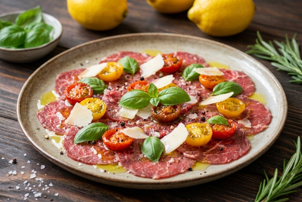 Zomerse carpaccio met citroen, basilicumtomaatjes en Parmezaan