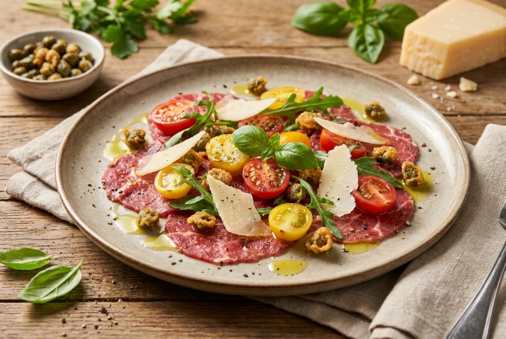 Zomerse carpaccio met datterini, krokante kappertjes en Parmigiano
