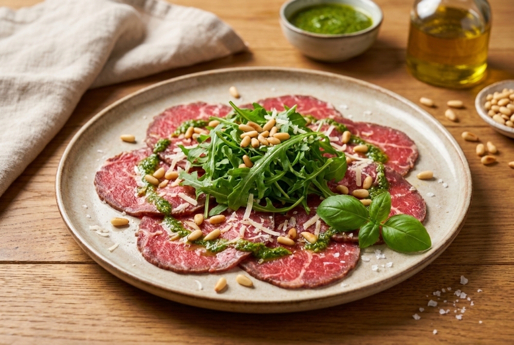 Zomerse carpaccio met rucola, pijnboompitten en basilicumdressing