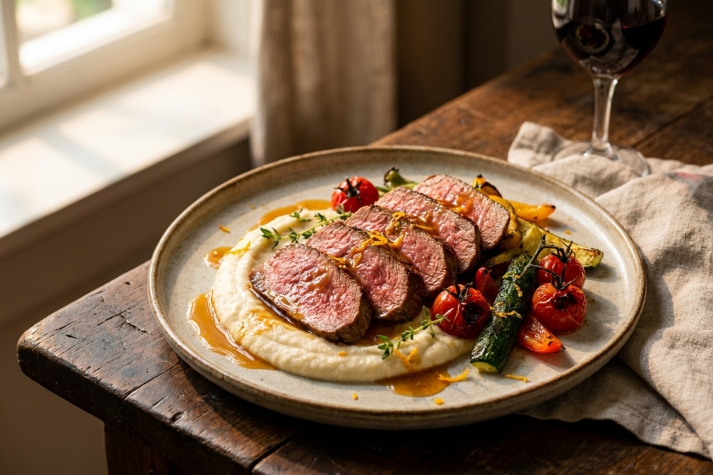 Zomerse kalfsbavette met geroosterde groenten, knolselderijpuree en sinaasappeljus