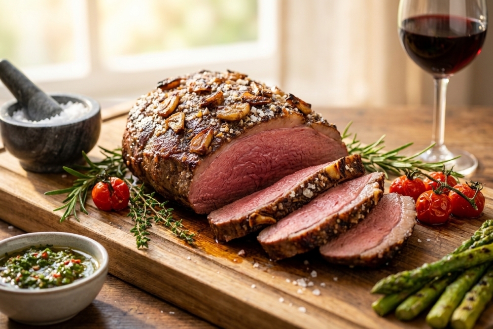 Zomerse Kalfspicanha van de BBQ met Knoflook en Zoutkorst